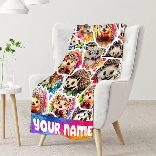 Vista 2 de Manta de erizo personalizada con nombre, 80 x 60 pulgadas, bonita manta para niñas, niños, mantas coloridas y suaves para cama, sofá y viajes Erizo