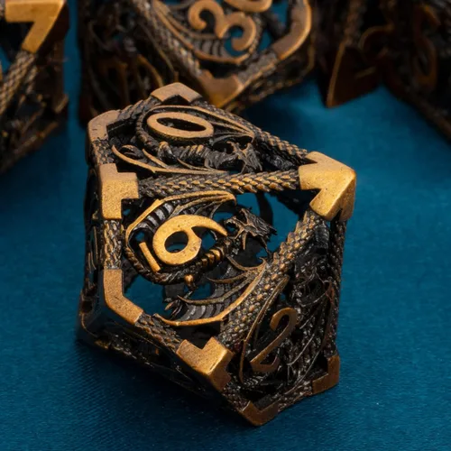 Vista 4 de ARUOHHA Juego de dados huecos de metal DND, dados D y D de oro antiguo, juegos de rol RPG, dados poliédricos con caja de regalo D20 D12 D10 D8 D6 D4