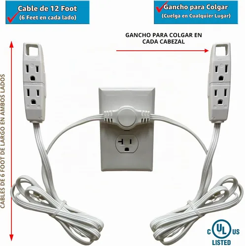 Vista 2 de W4W, Regleta de alimentación con cable de extensión doble - Cable de 12 pies - 6 pies en cada lado - Enchufe de cabeza plana (abraza la pared) - 6