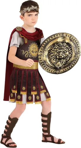 Vista 2 de Roman Warrior Costume for Kids, Boy's Gold Adorned Brown Tunic with Red Cape and Leaf Circlet
