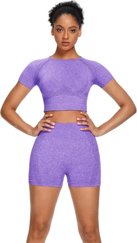 Vista 5 de Sytiz Conjunto de 2 piezas de yoga sin costuras para mujer, pantalones cortos de gimnasio y camiseta corta de manga corta