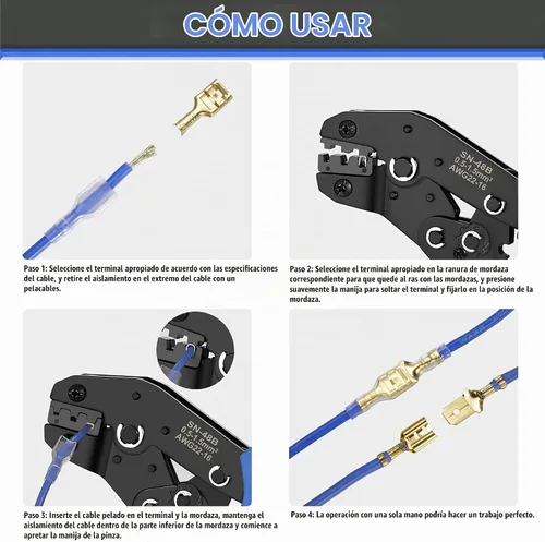 Vista 6 de Qibaok - Kit de herramientas de engaste de terminales de cable, crimpadora de cables de trinquete AWG 22-16 (0.5-1.5 mm²) con 500 conectores macho