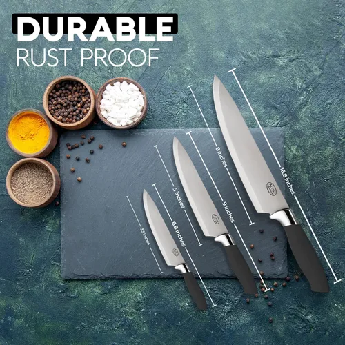 Vista 3 de Alpine Cuisine Juego de cubiertos de 3 piezas con mango negro, juego de cuchillos de chef de acero inoxidable para cocina, cuchillo de chef