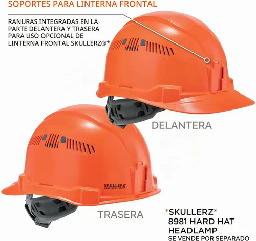 Vista 2 de Casco duro ventilado estilo gorra, con suspensión de trinquete, Clase C, Ergodyne Skullerz 8972, naranja