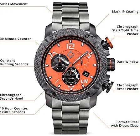 Vista 2 de LIV GX1 - Reloj clásico resistente con cronógrafo suizo de 177 pulgadas 316L SS 3D multicapa con fecha rápida resistente a los arañazos resistente