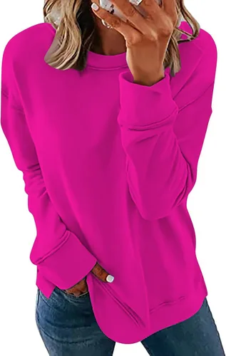 Vista 2 de Ceboyel Camisas de manga larga para mujer, color liso, cuello redondo, ajuste holgado, ropa casual de otoño