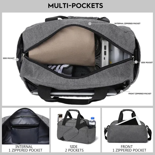 Vista 2 de Bolsa de gimnasio pequeña de 14 pulgadas para mujeres y hombres, mini bolsa de lona para viajes, deportes, bolsa de transporte ligera, color gris