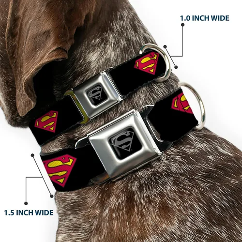Vista 2 de Buckle-Down Collar de perro con hebilla de cinturón de seguridad, Superman Shield negro, 1 pulgada de ancho, se adapta a cuello de 9 a 15 pulgadas