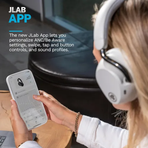 Vista 7 de JLab, Epic Lux Lab Edition, auriculares inalámbricos sobre la oreja, cancelación activa de ruido, audio de alta resolución, blanco nube
