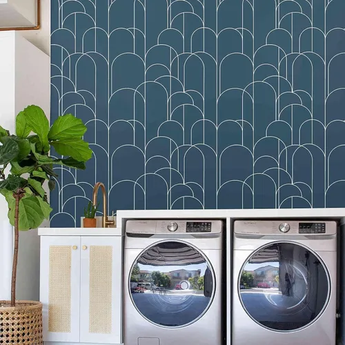 Vista 4 de LXCREAT Papel tapiz azul despegar y pegar, papel tapiz geométrico moderno, 17.71 in X 118 in, papel de contacto autoadhesivo removible mate, fácil