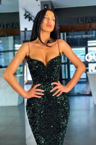 Vista 3 de Vestidos de fiesta de lentejuelas brillantes, vestidos largos de fiesta con tirantes delgados, vestidos formales de sirena para mujer 2024