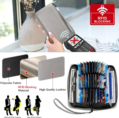 Vista 6 de OIDERY Cartera para tarjetas de crédito de gran capacidad para mujer, bloqueo RFID con correa extraíble