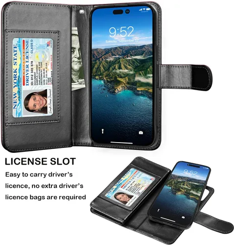 Vista 3 de Njjex Funda tipo cartera para iPhone 15 Plus de 6.7 pulgadas 2023, para iPhone 15 Plus, 9 ranuras para tarjetas, soporte de crédito de Negro