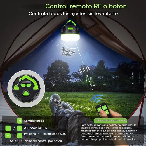 Vista 2 de Sinvitron - Linterna LED para campamento recargable con control remoto - 1000 lúmenes, 150 horas de duración, luz para tienda de campaña, 5200 mAh