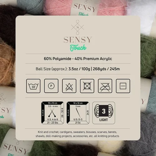 Vista 6 de Sensy Touch - Ovillo de lana, 3.5 onzas, 268 yardas, calibre 3 claro (blanco)