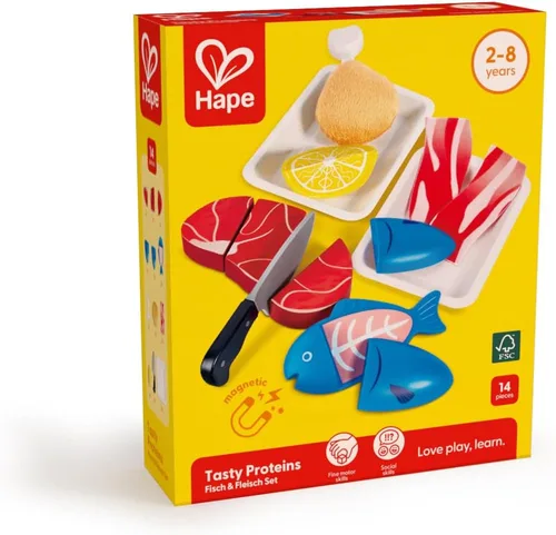 Vista 4 de Hape Tasty Proteins Set Juego de comida de madera para niños, juego básico de ingredientes y accesorios de cocina, multicolor