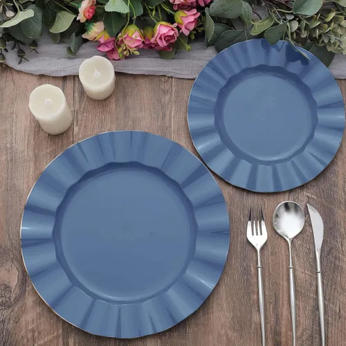 Vista 20 de Tableclothsfactory Paquete de 10 platos redondos de plástico negro de 6 pulgadas para ensalada de postre, platos desechables con borde ondulado