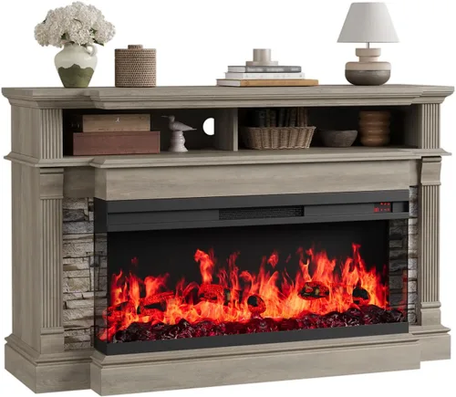 Vista 10 de Soporte de TV con chimenea para televisores de hasta 65", centro de entretenimiento con chimenea de 52" estilo rústico con chimenea eléctrica