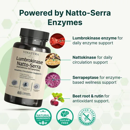 Vista 4 de VINATURA Lumbroquinasa Serrapeptasa Nattoquinasa - Nattoquinasa 2000 FU, suplemento de enzimas lumbroquinasa para apoyo a la circulación sanguínea