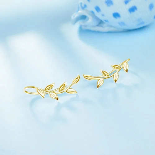 Vista 5 de Aretes de plata esterlina hipoalergénicos, estilo trepadores, con diseño de hojas, para mujeres y niñas