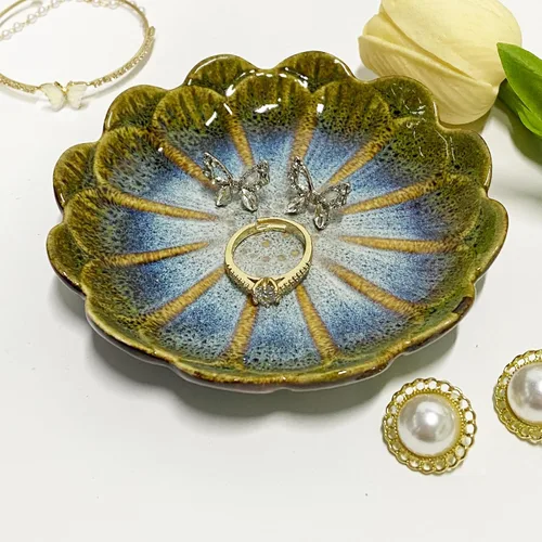 Vista 5 de Plato de cerámica para anillos de joyería, organizador de joyas, decoración del hogar, regalo de boda (verde brillante)