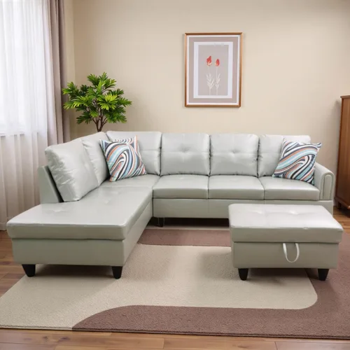 Vista 7 de Sofá Seccional de Cuero con Chaise Móvil y Otomana de Almacenamiento, Sofás Modulares Convertibles en Forma de L de 3 Piezas para Sala de Estar