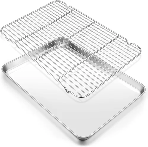Vista 9 de E-far Bandeja pequeña de metal para horno tostador con juego de estante, bandeja para hornear de 9.4 x 7.3 pulgadas con rejilla de enfriamiento