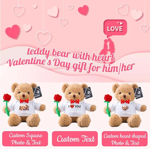 Vista 2 de Oso de peluche con rosa y lazo como regalo personalizado de San Valentín para ella o él, oso de peluche personalizado con nombre o texto