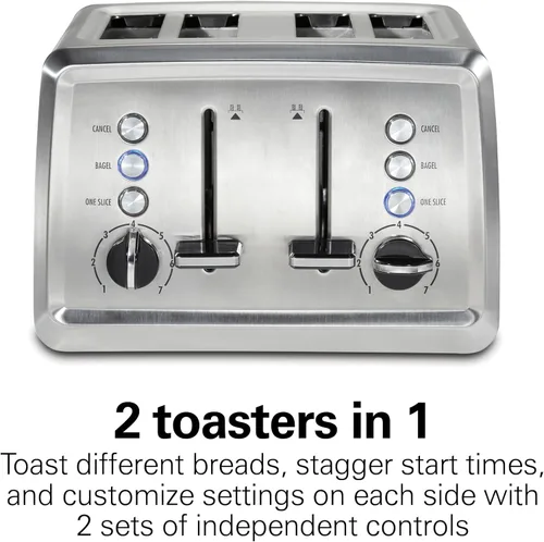 Vista 7 de Tostadora Hamilton Beach de 4 ranuras con ranuras extra anchas, ajuste para bagel, función de expulsión de pan tostado, bandeja extraíble