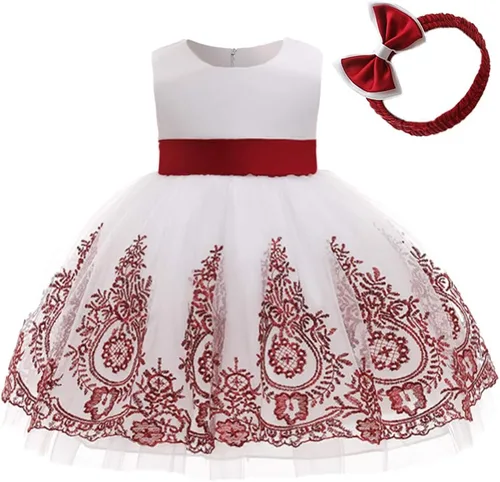 Vista 5 de 3M-6T Vestidos de Encaje con Lazo para Niñas Pequeñas Vestido de Gala Bordado para Bebé con Diadema