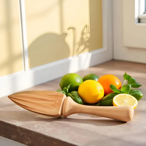 Vista 6 de Exprimidor de cítricos de madera, escariador manual de naranja limón con agarre ergonómico, herramienta exprimidora de frutas duradera