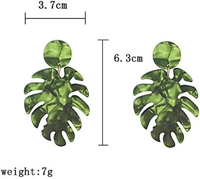 Vista 6 de Aretes de resina de acrílico con diseño de hoja de palma, plantas tropicales, hojas de Monstera, aretes colgantes para mujeres y niñas, Metal