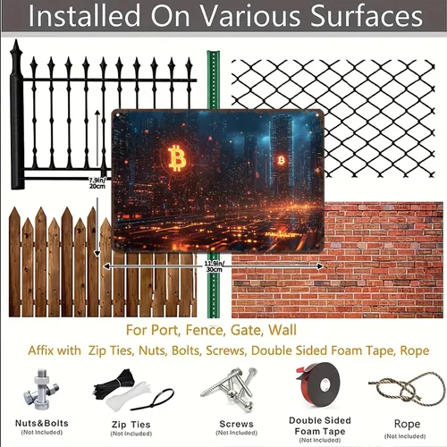 Vista 3 de Bitcoin Cityscape - Letrero de metal con diseño de paisaje urbano vintage, letrero de lata de viaje retro para hombre, cueva, bar, garaje