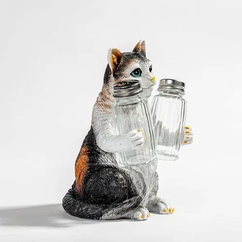 Vista 6 de Juego de salero y pimentero de resina con soporte y tarros de especias de cristal, decoración de cocina para amantes de los gatos, figura de gato