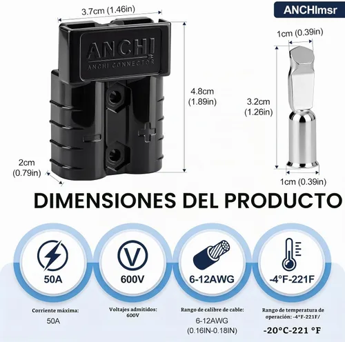 Vista 3 de Conector de alimentación de 50 amperios, desconexión rápida de 50 A, 600 V, 2 pares (4 unidades) para conector de batería de 50 amperios