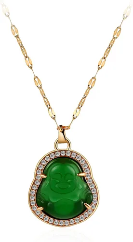 Vista 14 de COLORFUL BLING Lucky Laughing Buddha - Collar con colgante de jade verde con circonita cúbica, amuleto de piedras preciosas para mujeres y hombres