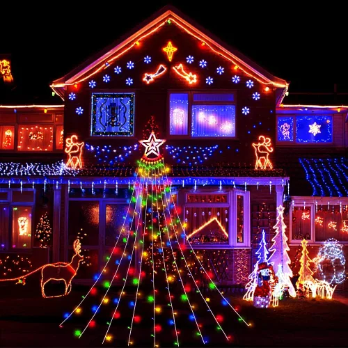 Vista 6 de Aokudoni Decoraciones de Navidad al Aire Libre: 3.84m 350LED Luces de Cascada con 8 Modos de Iluminación, Luces de Navidad para Árbol, Casa, Patio