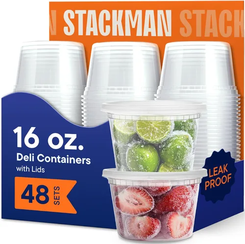 Vista 9 de Stack Man Recipientes de 8 onzas con tapas (48 juegos) – Contenedores de plástico transparente para almacenamiento de alimentos, sellado hermético