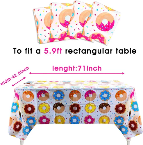 Vista 2 de BeYumi Paquete de 4 manteles de fiesta con donas, mantel rectangular para decoración de comedor y cocina, mantel de picnic de plástico desechable