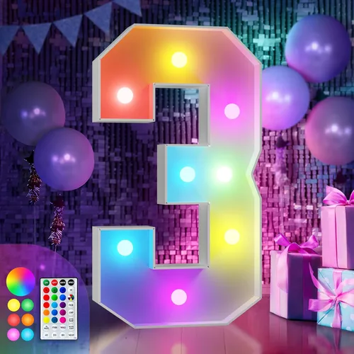 Vista 59 de Imprsv Letras coloridas de marquesina de 3 pies y letras grandes iluminadas RGB con control remoto, decoraciones de fiesta de cumpleaños Carta