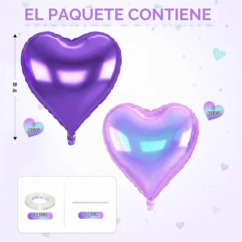 Vista 2 de Globos de corazón morado, 12 globos de aluminio iridiscentes de 18 pulgadas Púrpura iridiscente