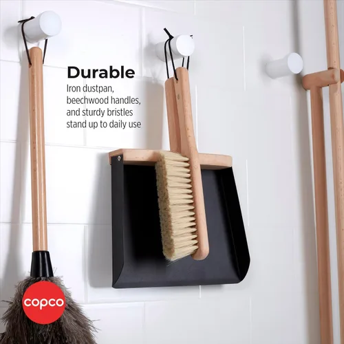 Vista 2 de Copco Juego de cepillo de mano y recogedor, escoba de madera de haya y recogedor con cerdas suaves, almacenamiento para colgar con lazo de cuero
