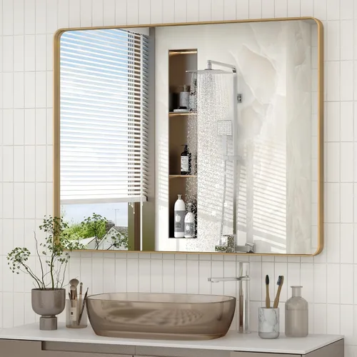 Vista 123 de Paquete de 2 espejos de baño con marco de metal negro de 22 x 30 pulgadas, espejo rectangular redondeado negro mate, antioxidante, se cuelga