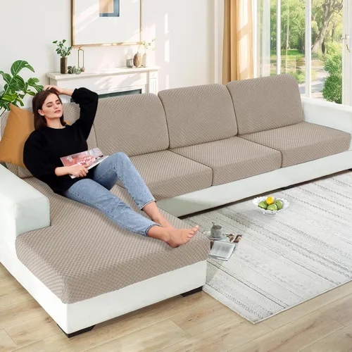 Vista 38 de YEMYHOM Funda de cojín para sofá, funda de cojín de asiento de alta elasticidad, tela jacquard geométrica de felpa, protector de sofá antideslizante
