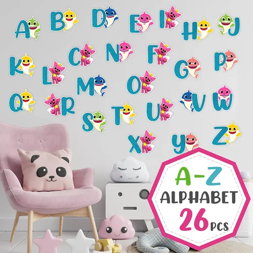 Vista 2 de BBY Shrk A-Z - Adhesivo decorativo para pared, diseño colorido de caricaturas con letras con iconos del océano, suministros educativos divertidos