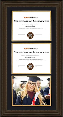 Vista 4 de Marco de tres certificados de 14 x 29 pulgadas con paspartú doble negro sobre dorado para (3) diplomas/grados de 8.5 x 11 pulgadas, ganchos