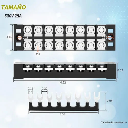 Vista 2 de Joinfworld Bloque de terminales 25A 600V Tira de terminales de tornillo de doble fila con tapa, bloque de terminales de cable preaislado de 8
