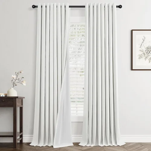 Vista 15 de Beige White Linen Blackout Curtains 90 Length 2 Panels Set for Living Room Bedroom, 100% Black Out Thermal Insulated Linen Drapes, Room Darkening