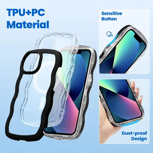 Vista 3 de ZCDAYE Bonita funda de onda rizada para iPhone 13, iPhone 13 (6.1 pulgadas), funda compatible con Magsafe, transparente, delgada, a prueba de Negro