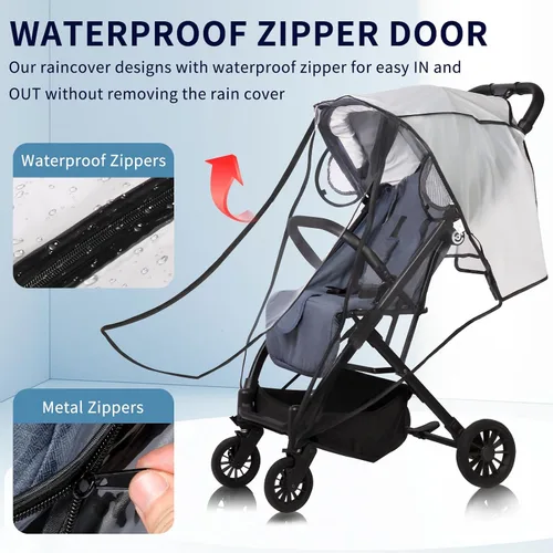 Vista 2 de Funda universal para la lluvia para cochecito, protector contra la intemperie transpirable transparente con cremallera impermeable, protección